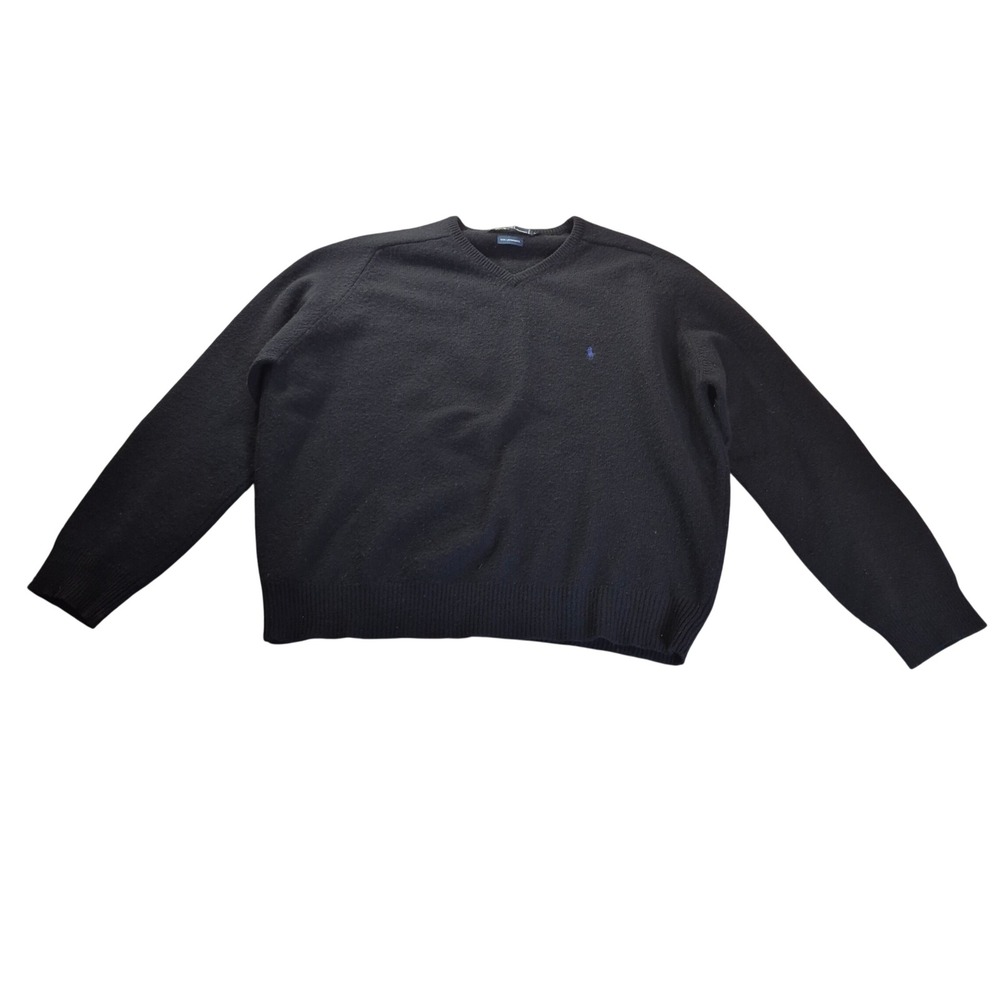 Polo Ralph Lauren V-Neck Sweater Mens XL Black Lambswool Heritage Preppy Cozy